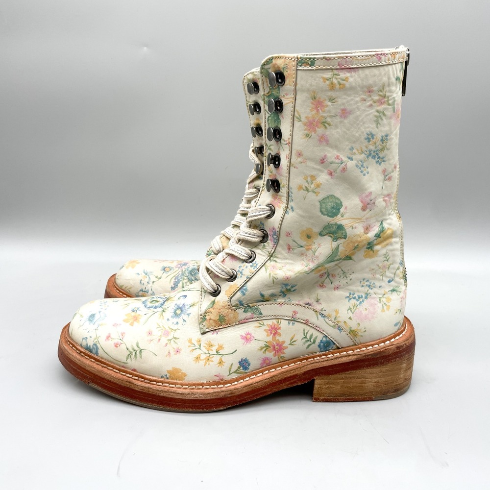 Free People Womens 39 Santa Fee Combat Boots Vintage Floral Leather Cottage Boho - Picture 4 of 13
